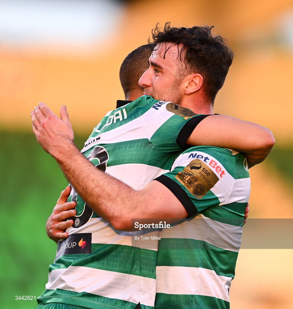 1 May 2026; Graham Burke of Shamrock Rovers, left, celebrates with teammate Enda Stevens after scoring their side's first goal during the SSE Airtricity Men's Premier Division match between Shamrock Rovers and Waterford at Tallaght Stadium in Dublin. Photo by Tyler Miller/Sportsfile