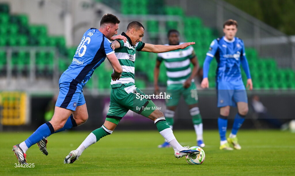 1 May 2026; Graham Burke of Shamrock Rovers in action against Hayden Cann of Waterford during the SSE Airtricity Men's Premier Division match between Shamrock Rovers and Waterford at Tallaght Stadium in Dublin. Photo by Tyler Miller/Sportsfile
