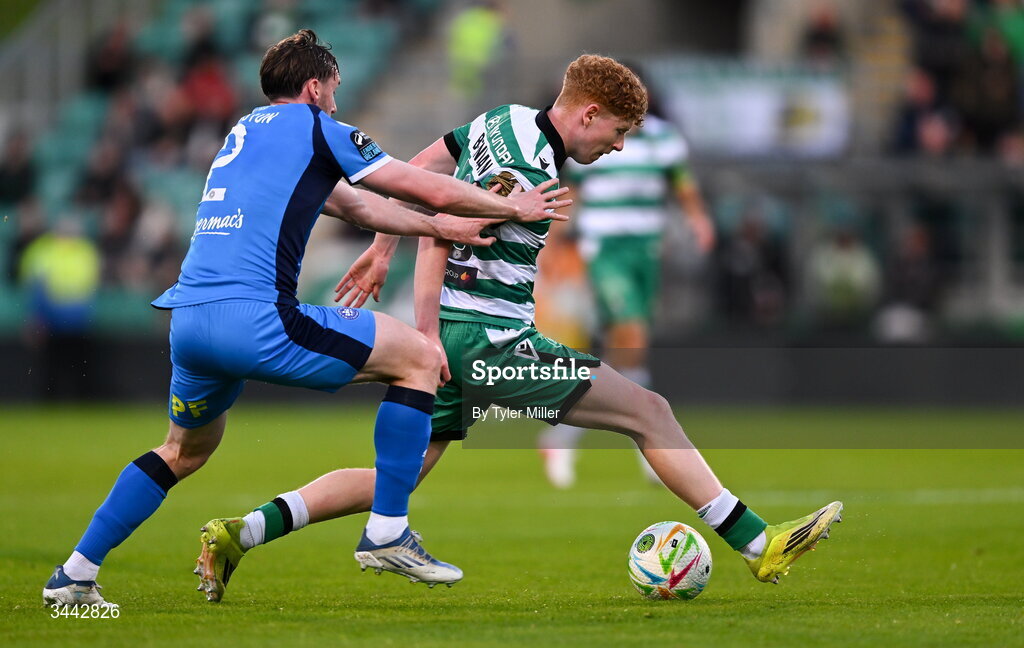 1 May 2026; Adam Brennan of Shamrock Rovers in action against Jordan Houston of Waterford during the SSE Airtricity Men's Premier Division match between Shamrock Rovers and Waterford at Tallaght Stadium in Dublin. Photo by Tyler Miller/Sportsfile