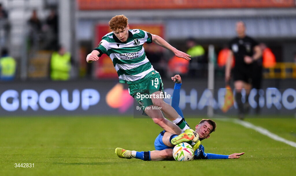 1 May 2026; Adam Brennan of Shamrock Rovers is tackled by Evan McLaughlin of Waterford during the SSE Airtricity Men's Premier Division match between Shamrock Rovers and Waterford at Tallaght Stadium in Dublin. Photo by Tyler Miller/Sportsfile