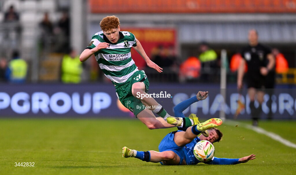 1 May 2026; Adam Brennan of Shamrock Rovers is tackled by Evan McLaughlin of Waterford during the SSE Airtricity Men's Premier Division match between Shamrock Rovers and Waterford at Tallaght Stadium in Dublin. Photo by Tyler Miller/Sportsfile