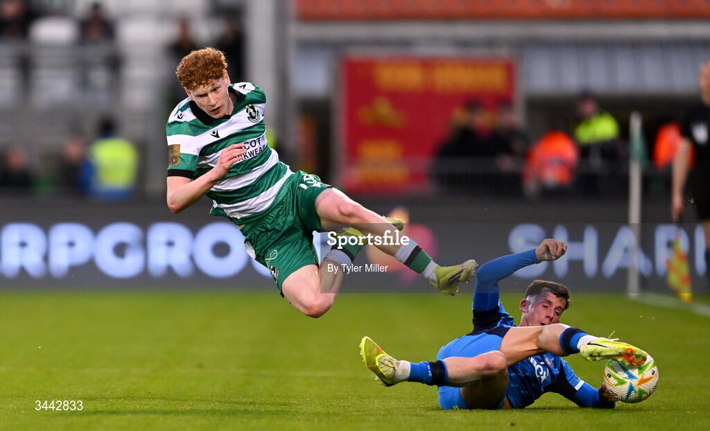 1 May 2026; Adam Brennan of Shamrock Rovers is tackled by Evan McLaughlin of Waterford during the SSE Airtricity Men's Premier Division match between Shamrock Rovers and Waterford at Tallaght Stadium in Dublin. Photo by Tyler Miller/Sportsfile