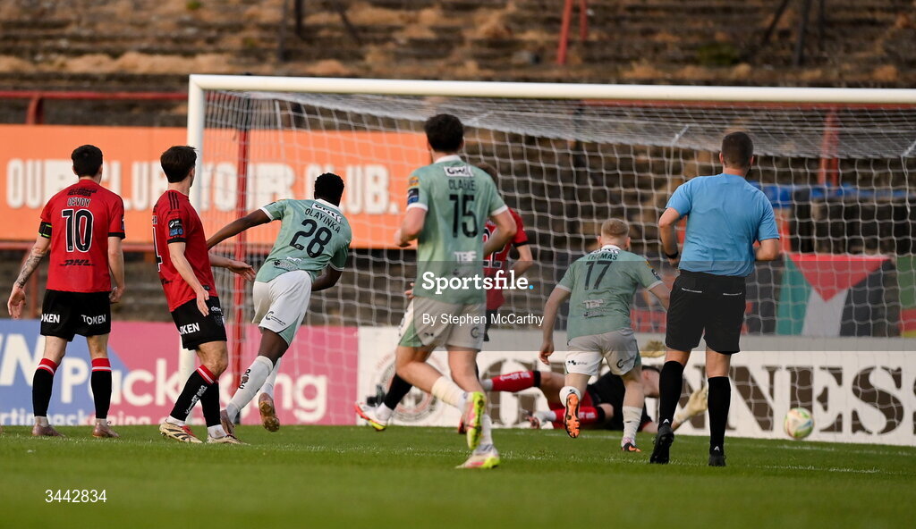 1 May 2026; James Olayinka of Derry City, 28, scores his side's first goal during the SSE Airtricity Men's Premier Division match between Bohemians and Derry City at Dalymount Park in Dublin. Photo by Stephen McCarthy/Sportsfile