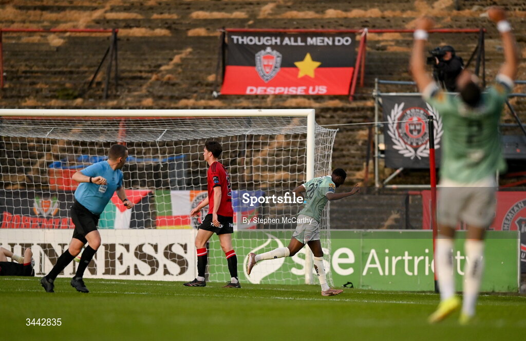 1 May 2026; James Olayinka of Derry City celebrates after scoring his side's first goal during the SSE Airtricity Men's Premier Division match between Bohemians and Derry City at Dalymount Park in Dublin. Photo by Stephen McCarthy/Sportsfile