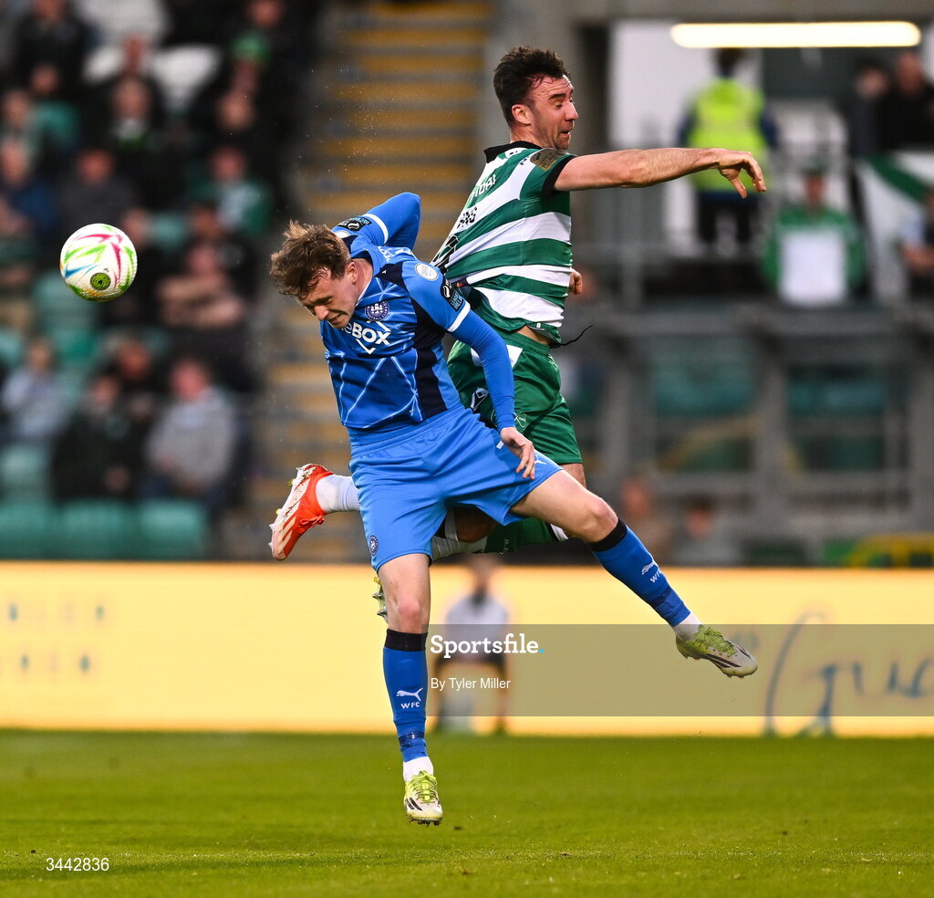 1 May 2026; Conor Carty of Waterford in action against Enda Stevens of Shamrock Rovers during the SSE Airtricity Men's Premier Division match between Shamrock Rovers and Waterford at Tallaght Stadium in Dublin. Photo by Tyler Miller/Sportsfile