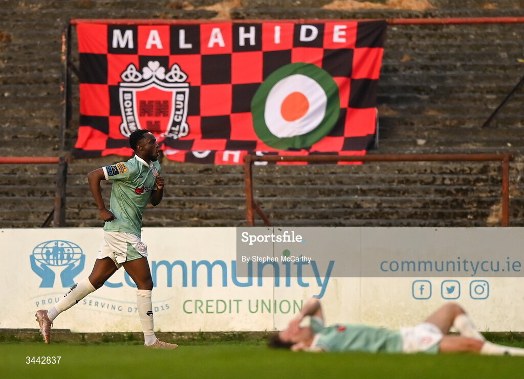 1 May 2026; James Olayinka of Derry City celebrates after scoring his side's first goal during the SSE Airtricity Men's Premier Division match between Bohemians and Derry City at Dalymount Park in Dublin. Photo by Stephen McCarthy/Sportsfile