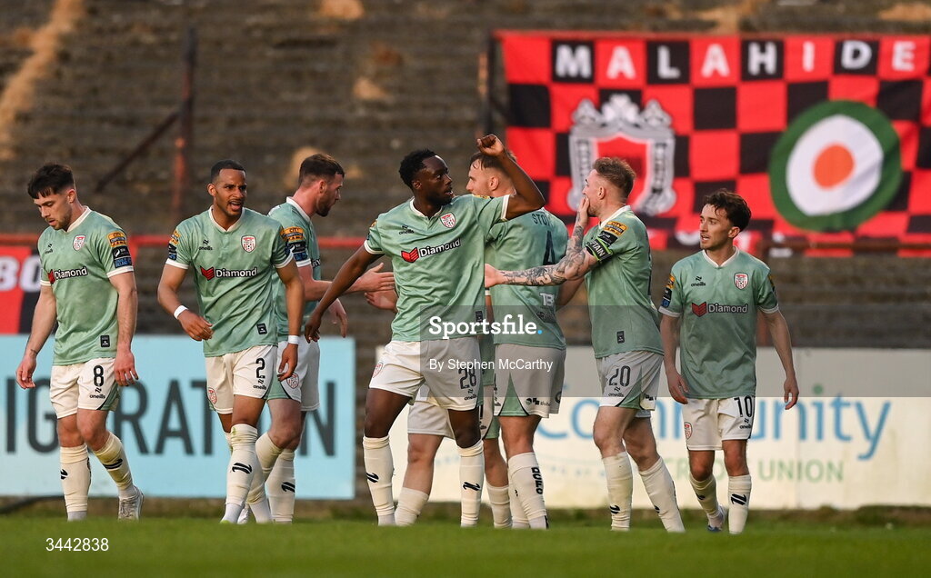 1 May 2026; James Olayinka of Derry City, 28, celebrates after scoring his side's first goal during the SSE Airtricity Men's Premier Division match between Bohemians and Derry City at Dalymount Park in Dublin. Photo by Stephen McCarthy/Sportsfile