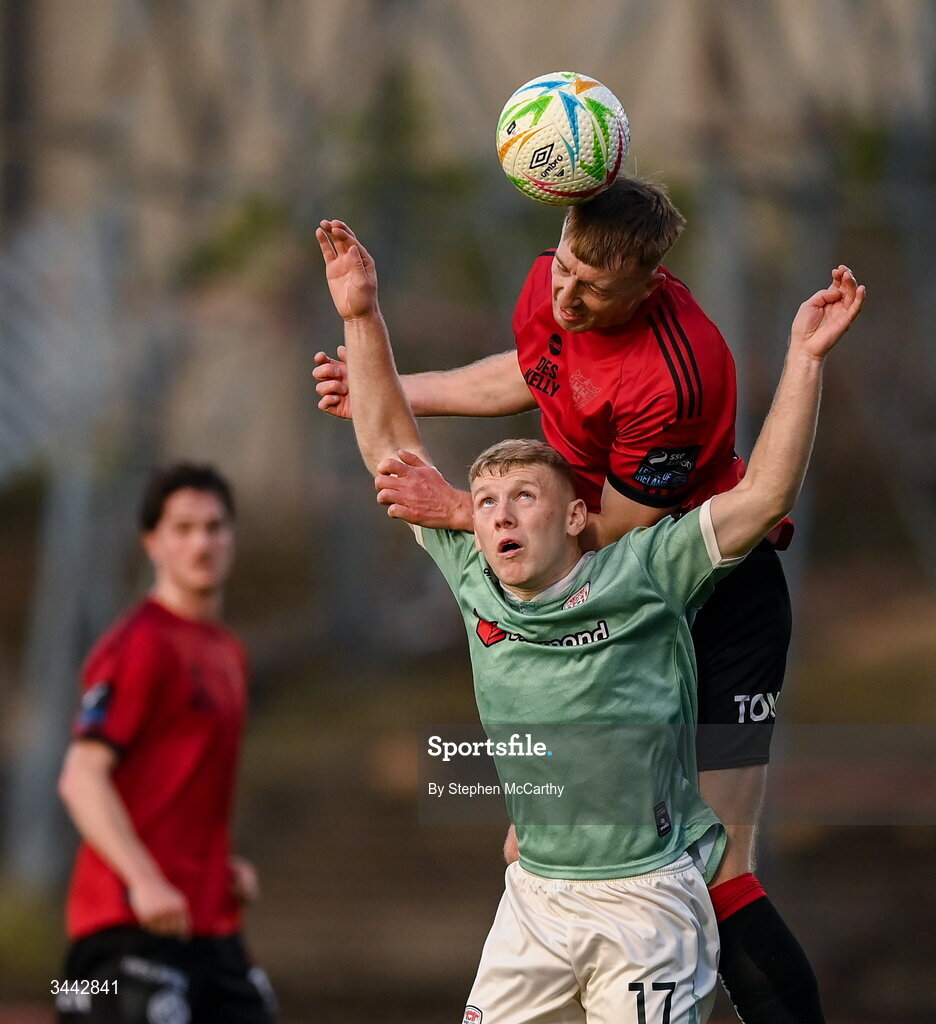 1 May 2026; Sam Todd of Bohemians in action against Josh Thomas of Derry City during the SSE Airtricity Men's Premier Division match between Bohemians and Derry City at Dalymount Park in Dublin. Photo by Stephen McCarthy/Sportsfile