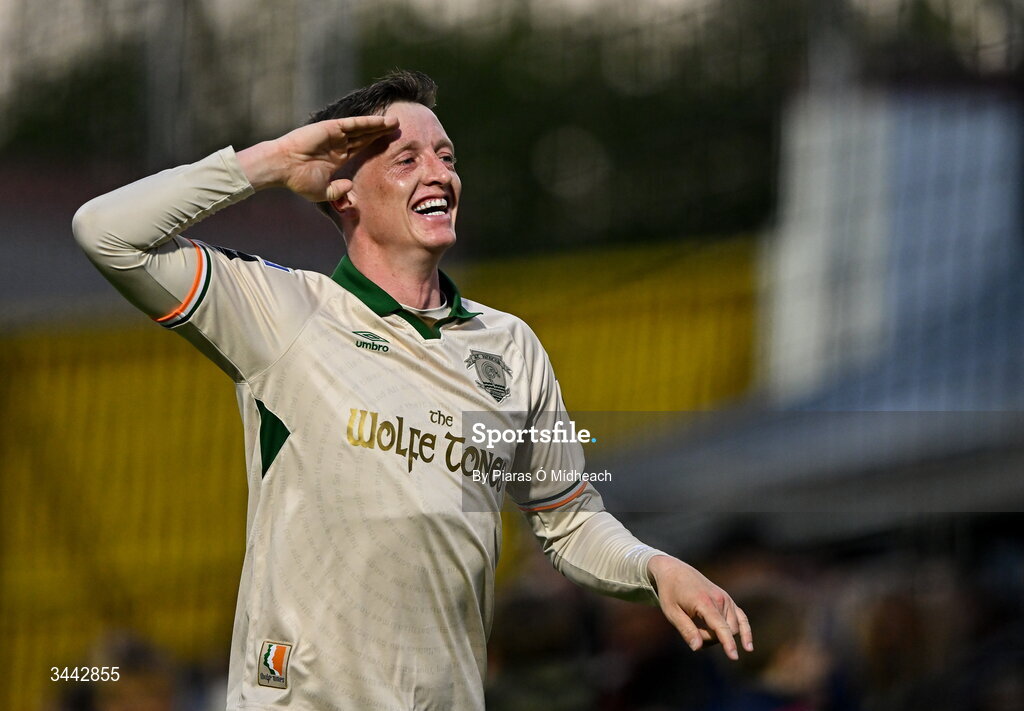 1 May 2026; Chris Forrester of St Patrick's Athletic celebrates scoring his side's second goal during the SSE Airtricity Men's Premier Division match between Galway United and St Patrick's Athletic at Eamonn Deacy Park in Galway. Photo by Piaras Ó Mídheach/Sportsfile