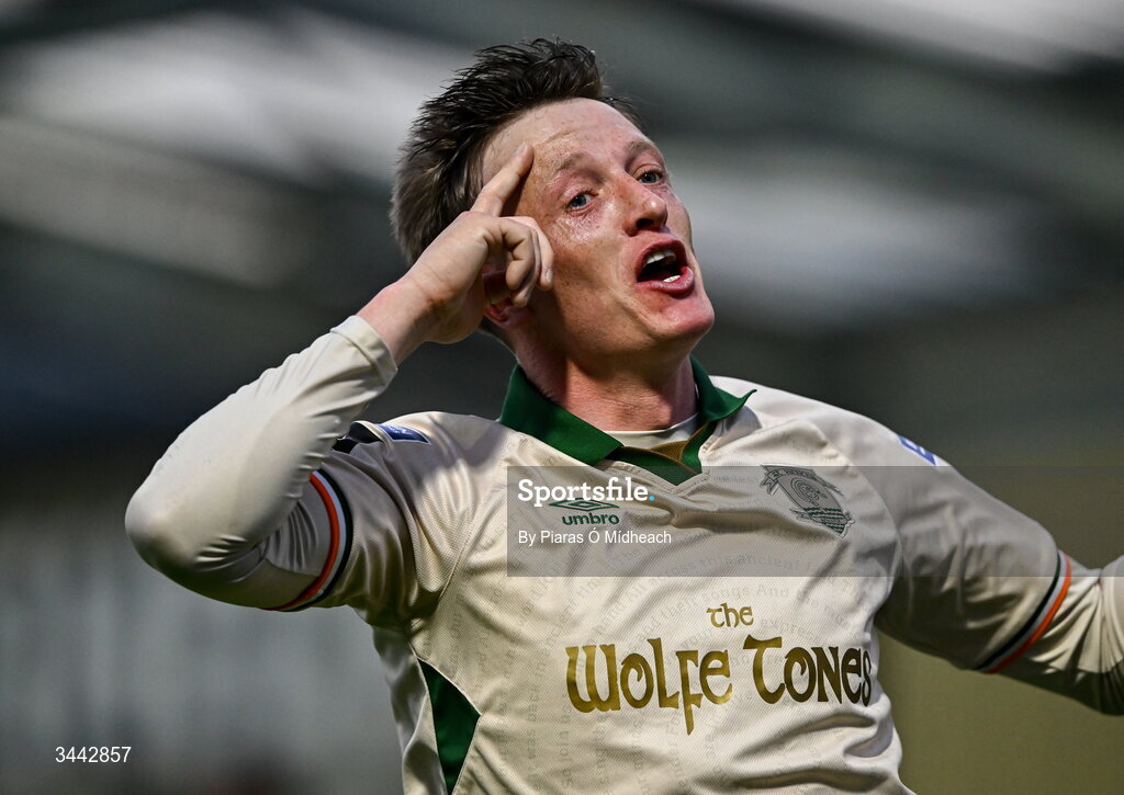 1 May 2026; Chris Forrester of St Patrick's Athletic celebrates scoring his side's second goal during the SSE Airtricity Men's Premier Division match between Galway United and St Patrick's Athletic at Eamonn Deacy Park in Galway. Photo by Piaras Ó Mídheach/Sportsfile