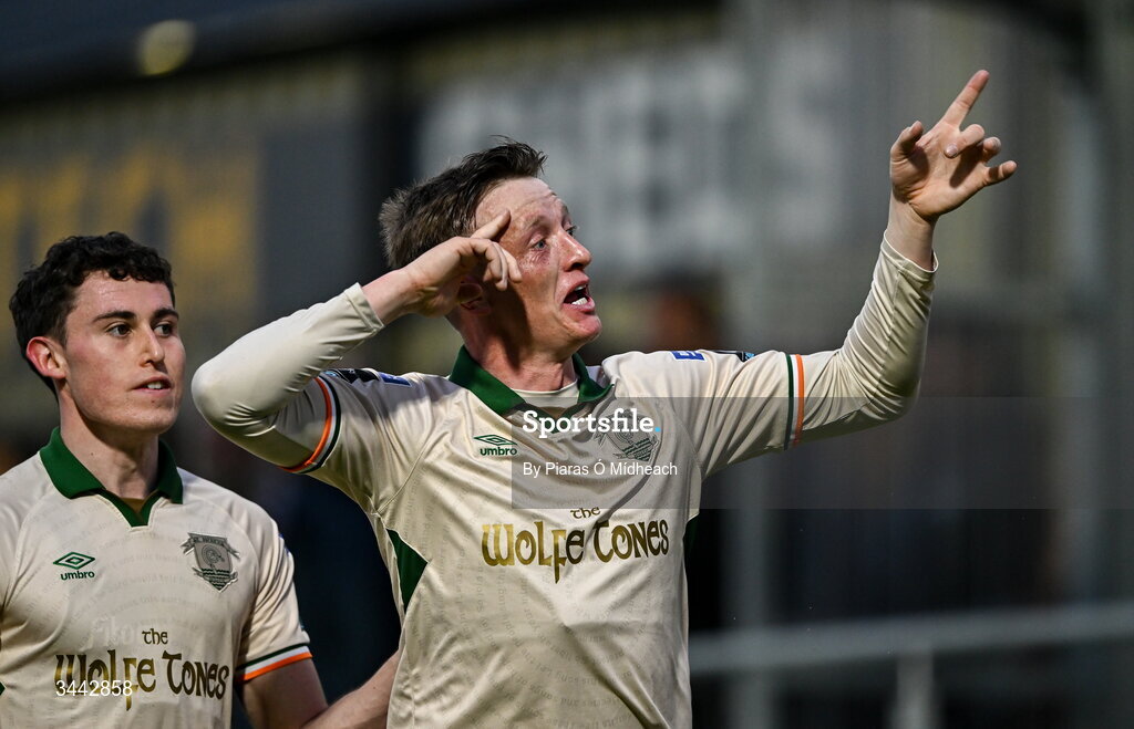 1 May 2026; Chris Forrester of St Patrick's Athletic celebrates with team-mate Kian Leavy, left, after scoring his side's second goal during the SSE Airtricity Men's Premier Division match between Galway United and St Patrick's Athletic at Eamonn Deacy Park in Galway. Photo by Piaras Ó Mídheach/Sportsfile