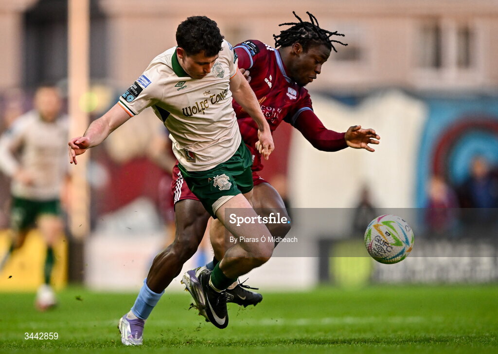 1 May 2026; Kian Leavy of St Patrick's Athletic in action against Al-Amin Kazeem of Galway United during the SSE Airtricity Men's Premier Division match between Galway United and St Patrick's Athletic at Eamonn Deacy Park in Galway. Photo by Piaras Ó Mídheach/Sportsfile