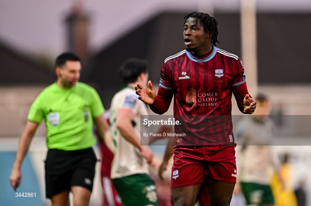 1 May 2026; Al-Amin Kazeem of Galway United during the SSE Airtricity Men's Premier Division match between Galway United and St Patrick's Athletic at Eamonn Deacy Park in Galway. Photo by Piaras Ó Mídheach/Sportsfile