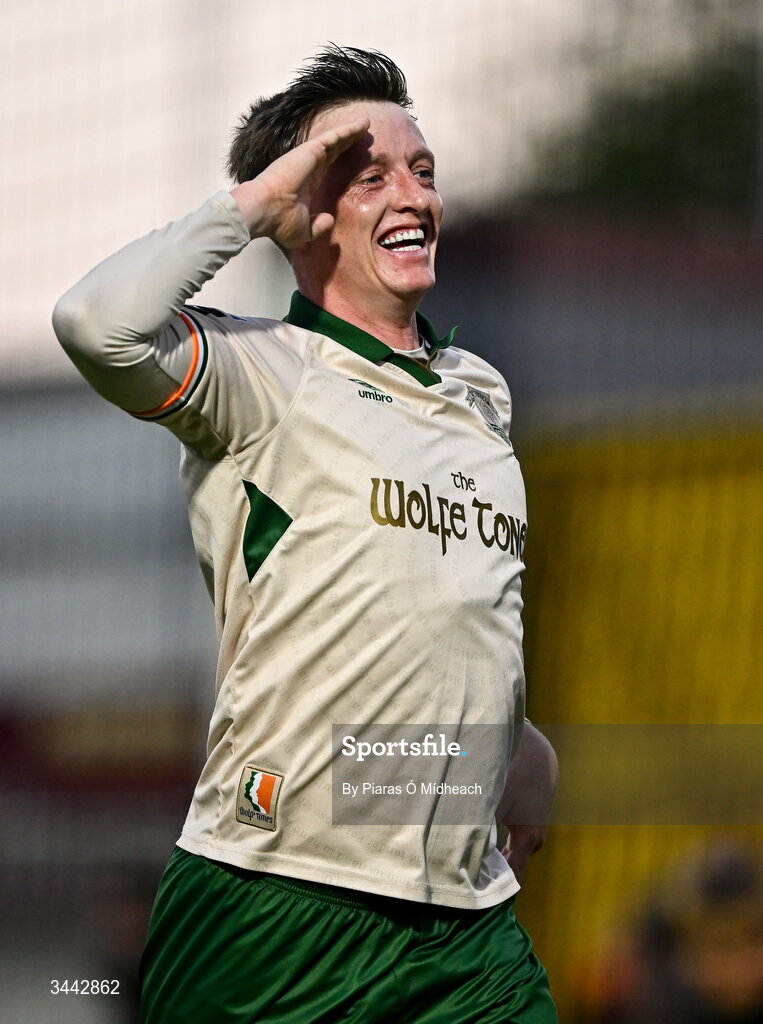 1 May 2026; Chris Forrester of St Patrick's Athletic celebrates scoring his side's second goal during the SSE Airtricity Men's Premier Division match between Galway United and St Patrick's Athletic at Eamonn Deacy Park in Galway. Photo by Piaras Ó Mídheach/Sportsfile