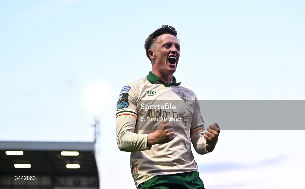 1 May 2026; Chris Forrester of St Patrick's Athletic celebrates scoring his side's second goal during the SSE Airtricity Men's Premier Division match between Galway United and St Patrick's Athletic at Eamonn Deacy Park in Galway. Photo by Piaras Ó Mídheach/Sportsfile