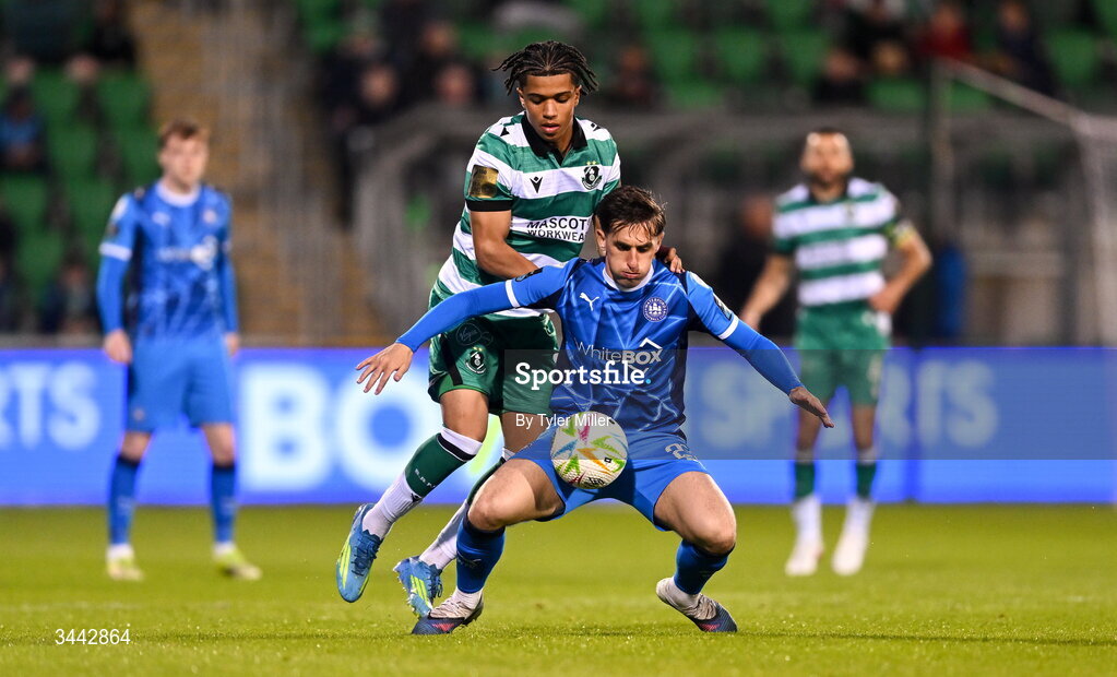 1 May 2026; Dean McMenamy of Waterford in action against Victor Ozhianvuna of Shamrock Rovers during the SSE Airtricity Men's Premier Division match between Shamrock Rovers and Waterford at Tallaght Stadium in Dublin. Photo by Tyler Miller/Sportsfile