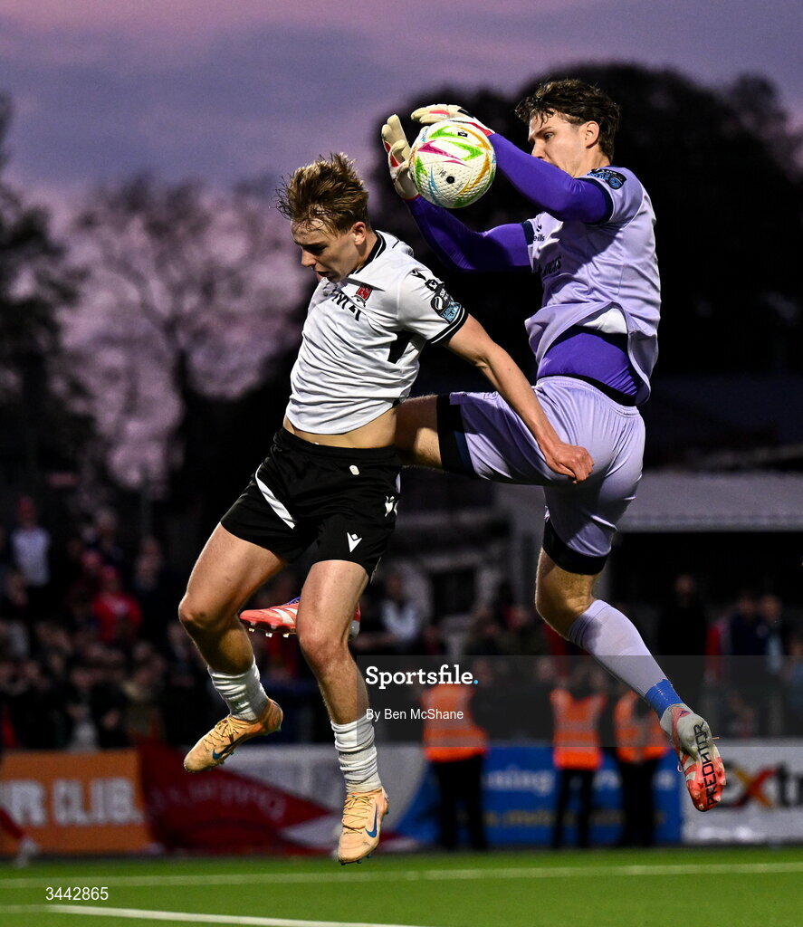 1 May 2026; Ronan Teahan of Dundalk in action against Shelbourne goalkeeper Wessel Speel during the SSE Airtricity Men's Premier Division match between Dundalk and Shelbourne at Oriel Park in Dundalk, Louth. Photo by Ben McShane/Sportsfile