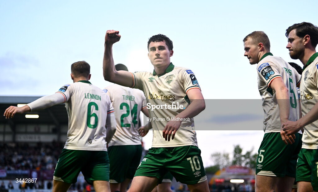 1 May 2026; Kian Leavy of St Patrick's Athletic celebrates after team-mate Chris Forrester, not pictured, scored their side's second goal during the SSE Airtricity Men's Premier Division match between Galway United and St Patrick's Athletic at Eamonn Deacy Park in Galway. Photo by Piaras Ó Mídheach/Sportsfile