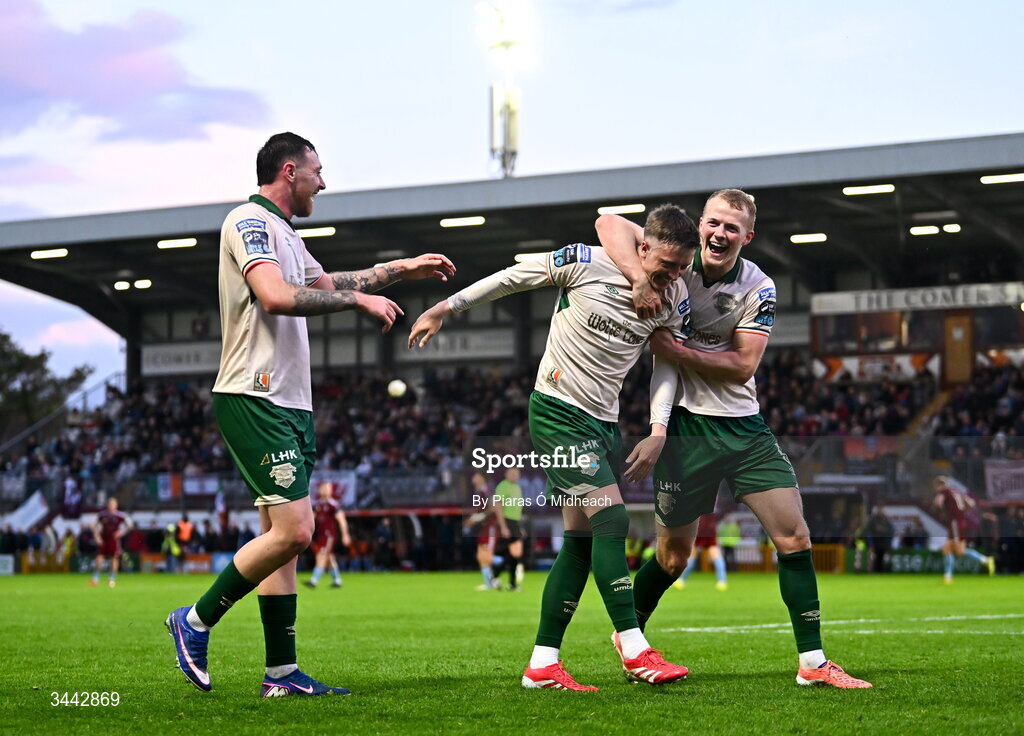 1 May 2026; Chris Forrester of St Patrick's Athletic, centre, celebrates with team-mates Ryan Edmondson, left, and Tom Grivosti after scoring their side's second goal during the SSE Airtricity Men's Premier Division match between Galway United and St Patrick's Athletic at Eamonn Deacy Park in Galway. Photo by Piaras Ó Mídheach/Sportsfile