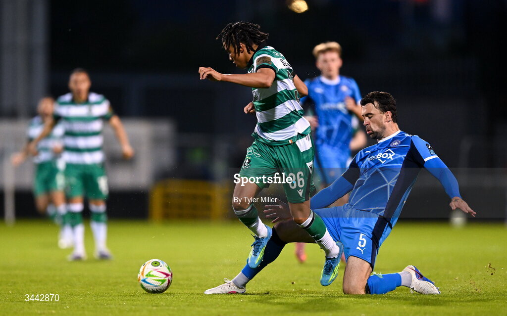 1 May 2026; Victor Ozhianvuna of Shamrock Rovers is tackled by John Mahon of Waterford during the SSE Airtricity Men's Premier Division match between Shamrock Rovers and Waterford at Tallaght Stadium in Dublin. Photo by Tyler Miller/Sportsfile