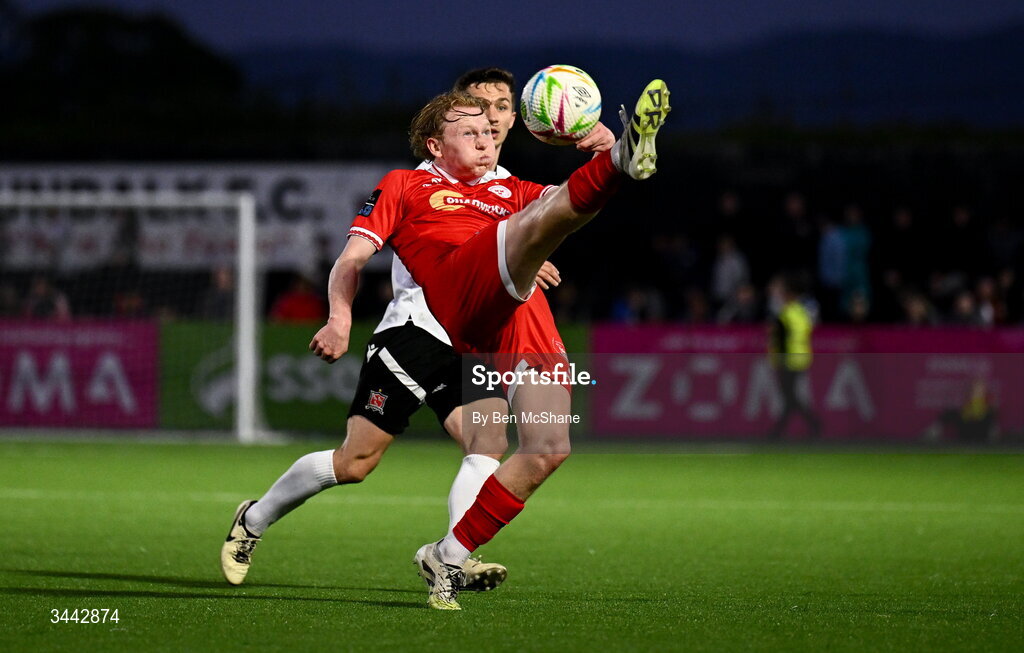 1 May 2026; Jack Henry-Francis of Shelbourne in action against Tyreke Wilson of Dundalk during the SSE Airtricity Men's Premier Division match between Dundalk and Shelbourne at Oriel Park in Dundalk, Louth. Photo by Ben McShane/Sportsfile