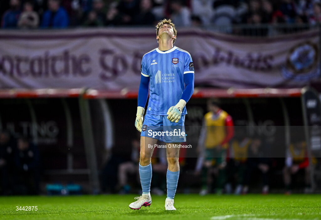 1 May 2026; Galway United goalkeeper Evan Watts reacts after his side missed a goal chance during the SSE Airtricity Men's Premier Division match between Galway United and St Patrick's Athletic at Eamonn Deacy Park in Galway. Photo by Piaras Ó Mídheach/Sportsfile