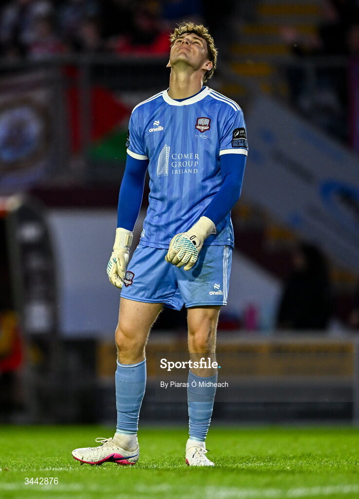 1 May 2026; Galway United goalkeeper Evan Watts reacts after his side missed a goal chance during the SSE Airtricity Men's Premier Division match between Galway United and St Patrick's Athletic at Eamonn Deacy Park in Galway. Photo by Piaras Ó Mídheach/Sportsfile