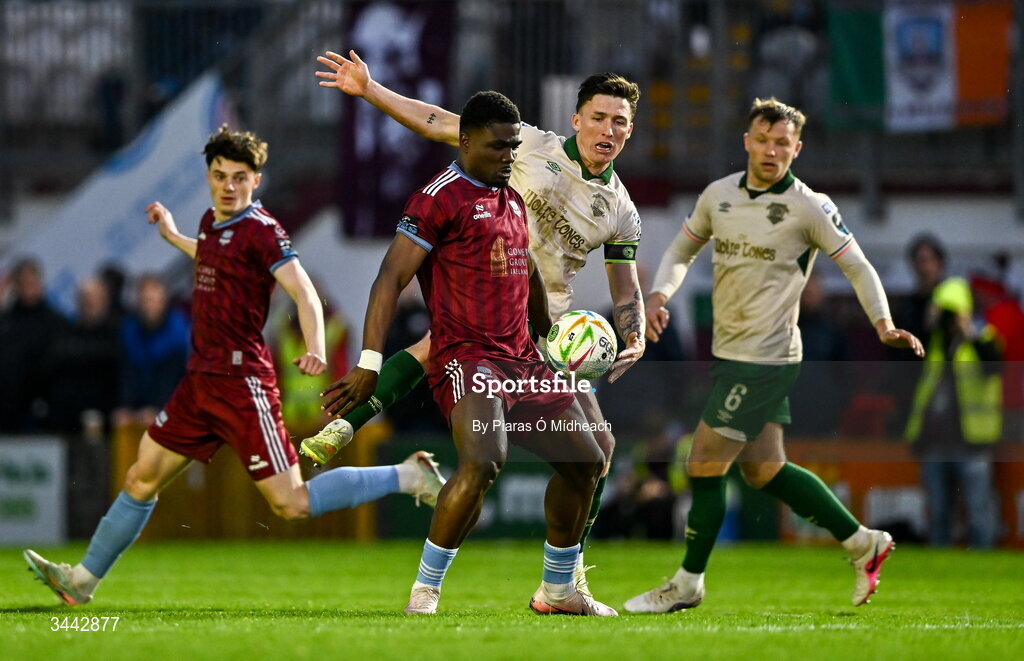 1 May 2026; Frantz Pierrot of Galway United in action against Joe Redmond of St Patrick's Athletic during the SSE Airtricity Men's Premier Division match between Galway United and St Patrick's Athletic at Eamonn Deacy Park in Galway. Photo by Piaras Ó Mídheach/Sportsfile