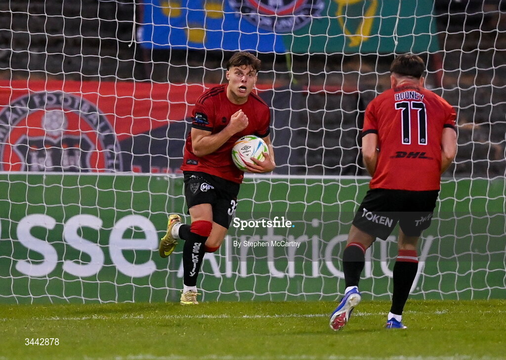 1 May 2026; Markuss Strods of Bohemians after scoring his side's first goal during the SSE Airtricity Men's Premier Division match between Bohemians and Derry City at Dalymount Park in Dublin. Photo by Stephen McCarthy/Sportsfile
