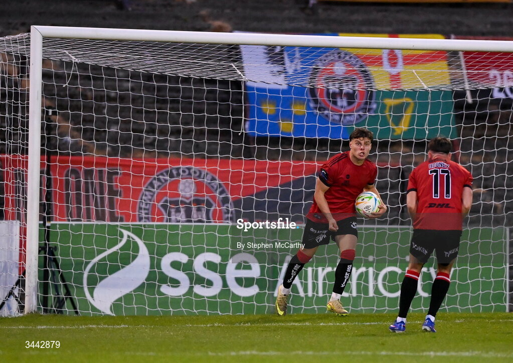 1 May 2026; Markuss Strods of Bohemians after scoring his side's first goal during the SSE Airtricity Men's Premier Division match between Bohemians and Derry City at Dalymount Park in Dublin. Photo by Stephen McCarthy/Sportsfile