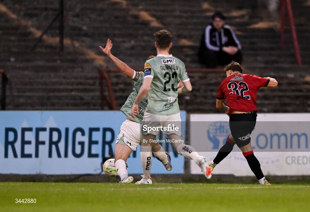 1 May 2026; Markuss Strods of Bohemians scores his side's first goal during the SSE Airtricity Men's Premier Division match between Bohemians and Derry City at Dalymount Park in Dublin. Photo by Stephen McCarthy/Sportsfile