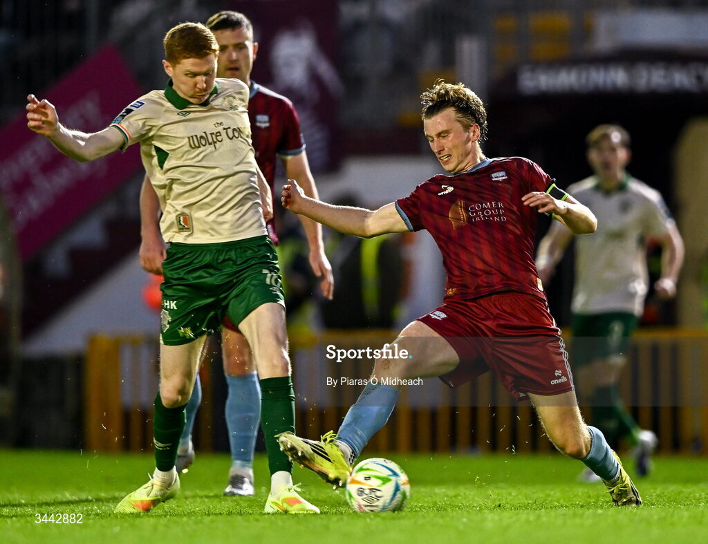 1 May 2026; David Hurley of Galway United in action against Darragh Nugent of St Patrick's Athletic during the SSE Airtricity Men's Premier Division match between Galway United and St Patrick's Athletic at Eamonn Deacy Park in Galway. Photo by Piaras Ó Mídheach/Sportsfile