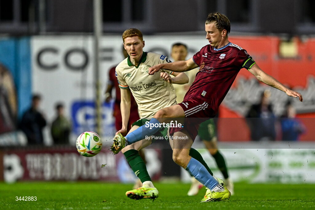 1 May 2026; David Hurley of Galway United in action against Darragh Nugent of St Patrick's Athletic during the SSE Airtricity Men's Premier Division match between Galway United and St Patrick's Athletic at Eamonn Deacy Park in Galway. Photo by Piaras Ó Mídheach/Sportsfile