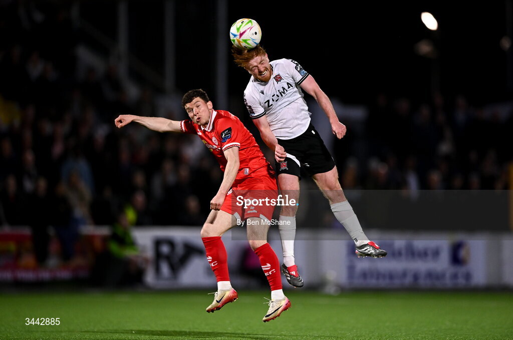 1 May 2026; Aodh Dervin of Dundalk in action against Ali Coote of Shelbourne during the SSE Airtricity Men's Premier Division match between Dundalk and Shelbourne at Oriel Park in Dundalk, Louth. Photo by Ben McShane/Sportsfile