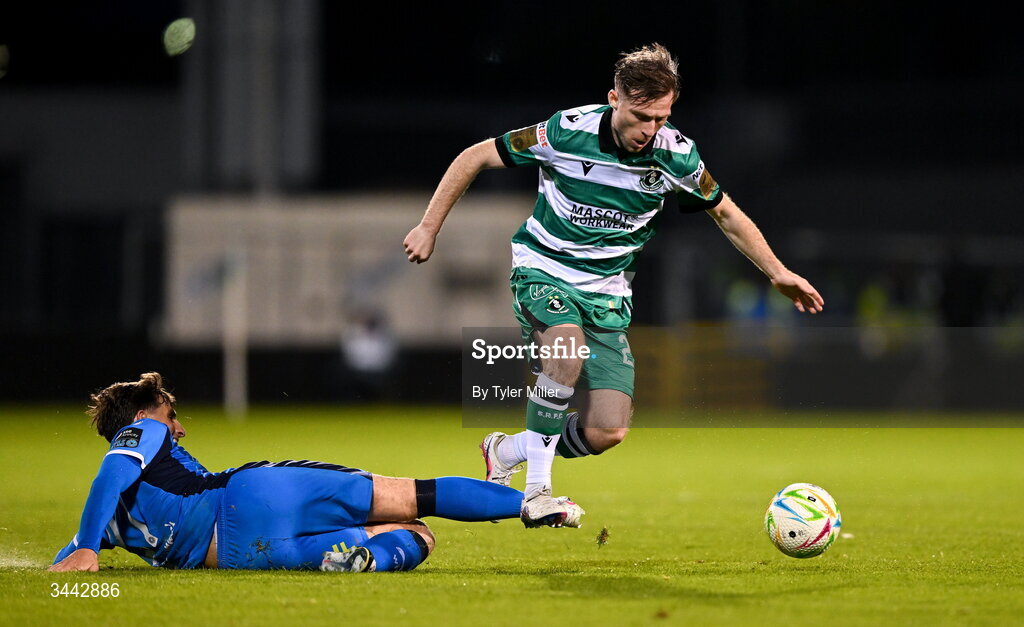 1 May 2026; Jack Byrne of Shamrock Rovers is tackled by Dean McMenamy of Waterford during the SSE Airtricity Men's Premier Division match between Shamrock Rovers and Waterford at Tallaght Stadium in Dublin. Photo by Tyler Miller/Sportsfile