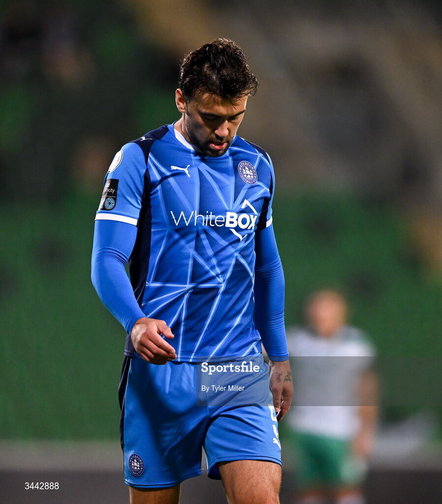 1 May 2026; John Mahon of Waterford reacts during the SSE Airtricity Men's Premier Division match between Shamrock Rovers and Waterford at Tallaght Stadium in Dublin. Photo by Tyler Miller/Sportsfile