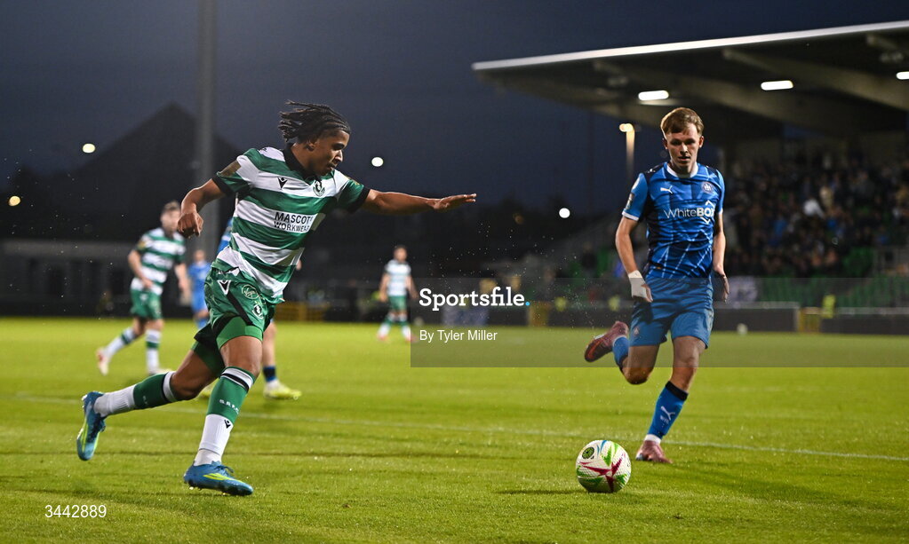 1 May 2026; Victor Ozhianvuna of Shamrock Rovers in action against Conan Noonan of Waterford during the SSE Airtricity Men's Premier Division match between Shamrock Rovers and Waterford at Tallaght Stadium in Dublin. Photo by Tyler Miller/Sportsfile