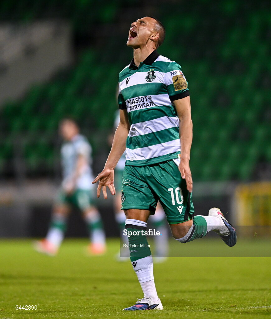 1 May 2026; Graham Burke of Shamrock Rovers reacts to a missed opportunity on goal during the SSE Airtricity Men's Premier Division match between Shamrock Rovers and Waterford at Tallaght Stadium in Dublin. Photo by Tyler Miller/Sportsfile