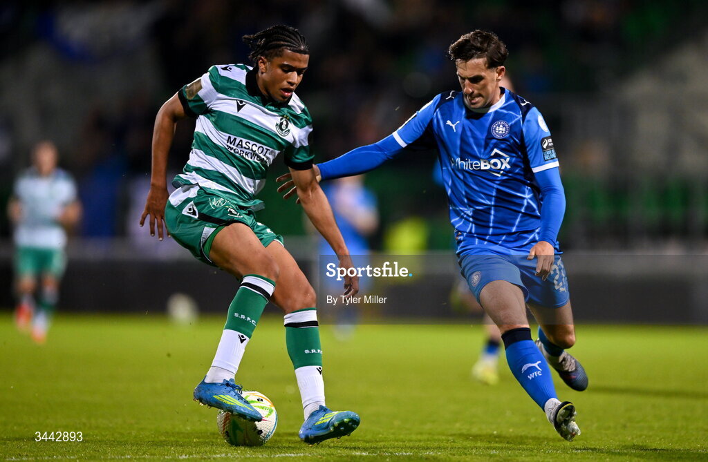 1 May 2026; Victor Ozhianvuna of Shamrock Rovers in action against Dean McMenamy of Waterford during the SSE Airtricity Men's Premier Division match between Shamrock Rovers and Waterford at Tallaght Stadium in Dublin. Photo by Tyler Miller/Sportsfile