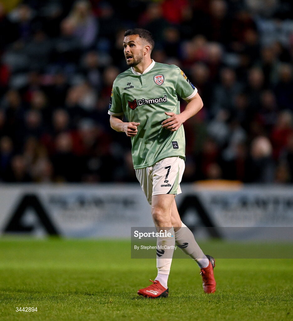 1 May 2026; Michael Duffy of Derry City during the SSE Airtricity Men's Premier Division match between Bohemians and Derry City at Dalymount Park in Dublin. Photo by Stephen McCarthy/Sportsfile