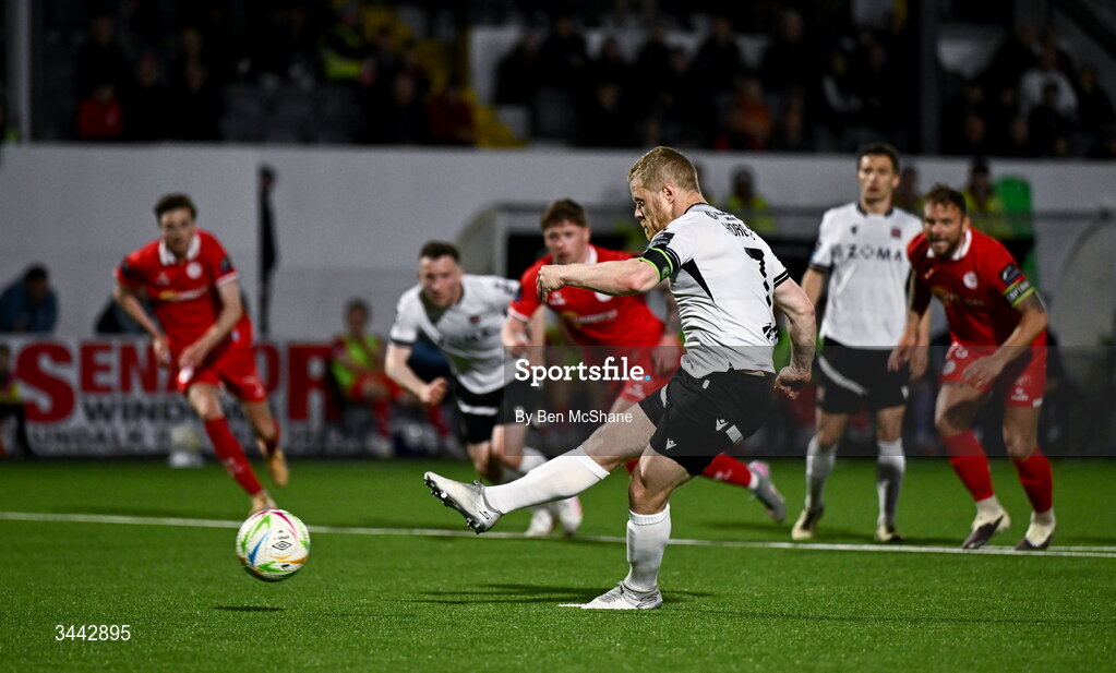 1 May 2026; Daryl Horgan of Dundalk scores his side's first goal, a penalty, during the SSE Airtricity Men's Premier Division match between Dundalk and Shelbourne at Oriel Park in Dundalk, Louth. Photo by Ben McShane/Sportsfile