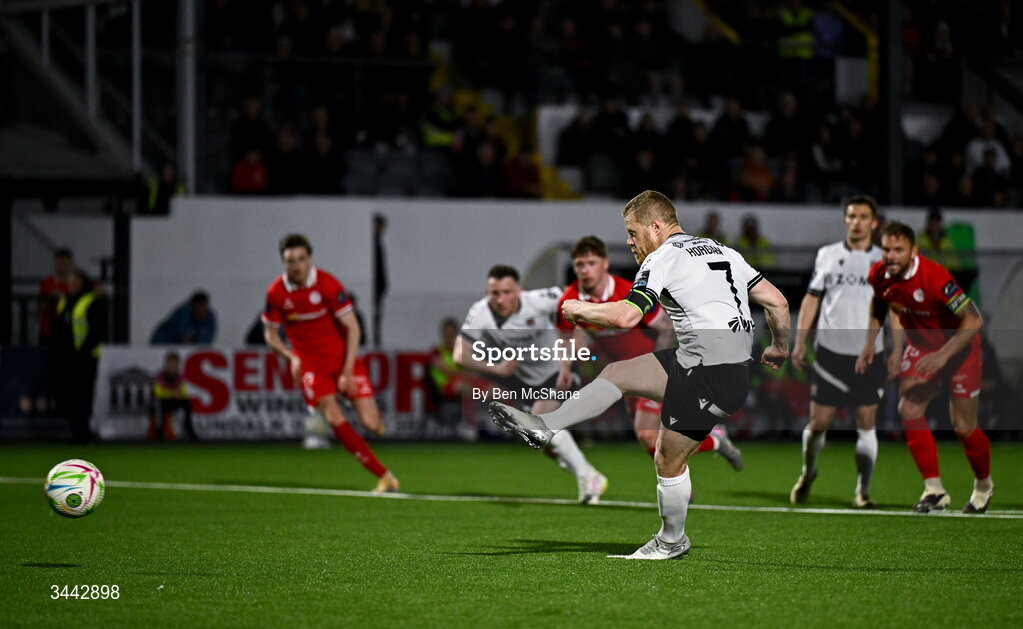 1 May 2026; Daryl Horgan of Dundalk scores his side's first goal, a penalty, during the SSE Airtricity Men's Premier Division match between Dundalk and Shelbourne at Oriel Park in Dundalk, Louth. Photo by Ben McShane/Sportsfile