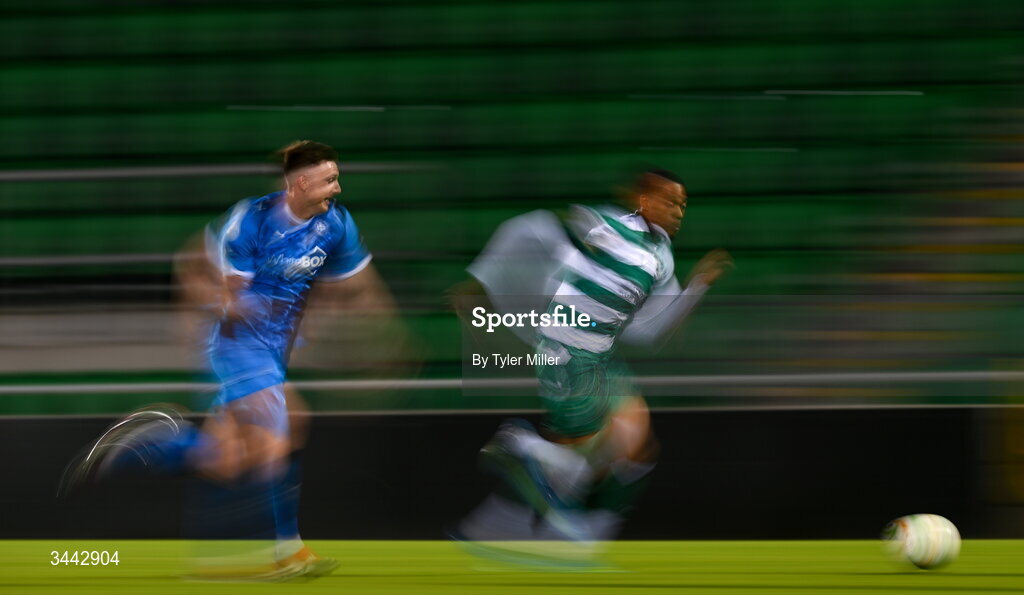 1 May 2026; Maleace Asamoah of Shamrock Rovers in action against Hayden Cann of Waterford during the SSE Airtricity Men's Premier Division match between Shamrock Rovers and Waterford at Tallaght Stadium in Dublin. Photo by Tyler Miller/Sportsfile