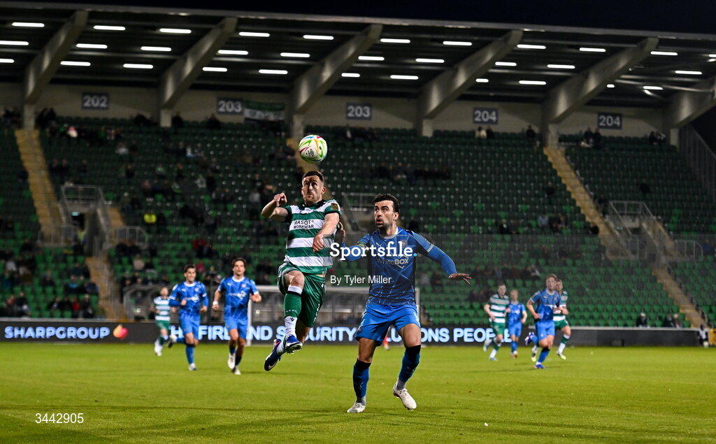 1 May 2026; Aaron Greene of Shamrock Rovers in action against John Mahon of Waterford during the SSE Airtricity Men's Premier Division match between Shamrock Rovers and Waterford at Tallaght Stadium in Dublin. Photo by Tyler Miller/Sportsfile