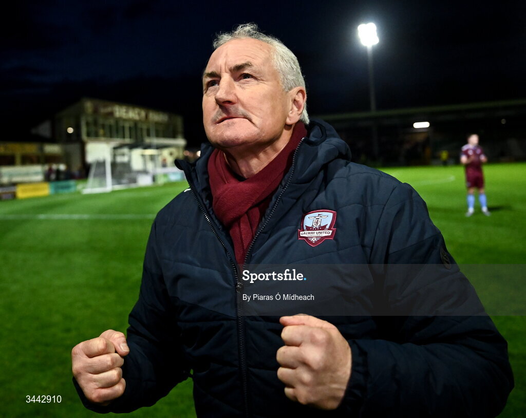 1 May 2026; Galway United manager John Caulfield celebrates after the drawn SSE Airtricity Men's Premier Division match between Galway United and St Patrick's Athletic at Eamonn Deacy Park in Galway. Photo by Piaras Ó Mídheach/Sportsfile