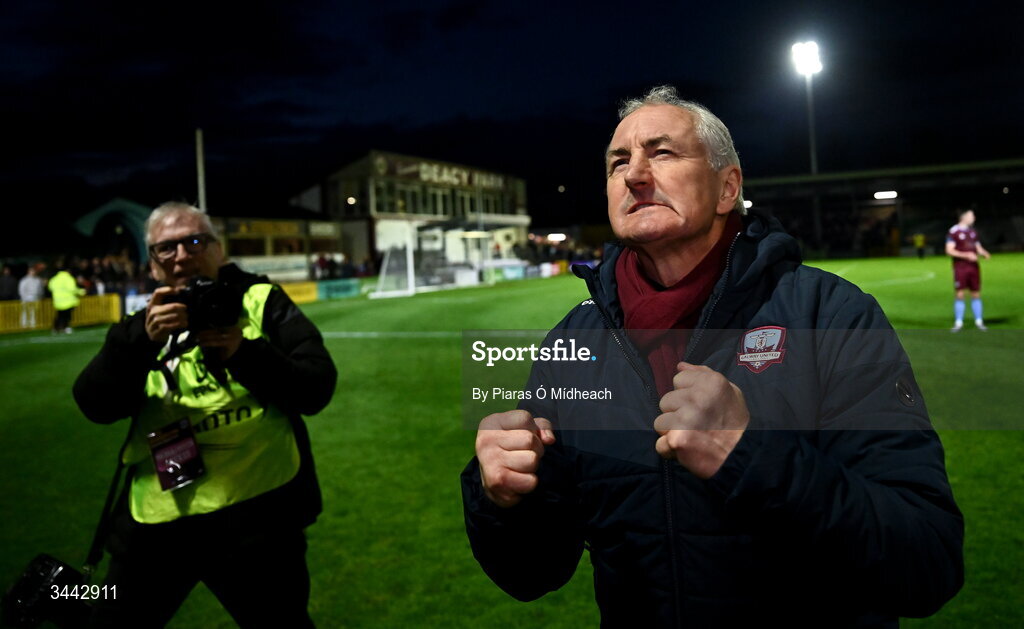 1 May 2026; Galway United manager John Caulfield celebrates after the drawn SSE Airtricity Men's Premier Division match between Galway United and St Patrick's Athletic at Eamonn Deacy Park in Galway. Photo by Piaras Ó Mídheach/Sportsfile
