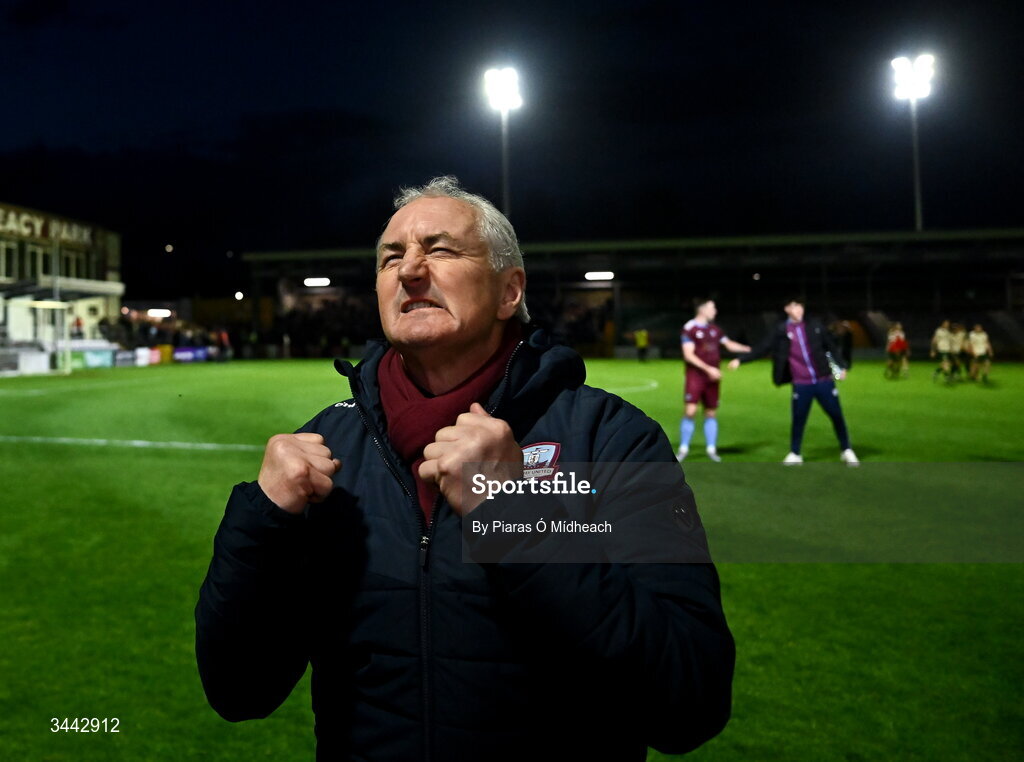 1 May 2026; Galway United manager John Caulfield celebrates after the drawn SSE Airtricity Men's Premier Division match between Galway United and St Patrick's Athletic at Eamonn Deacy Park in Galway. Photo by Piaras Ó Mídheach/Sportsfile
