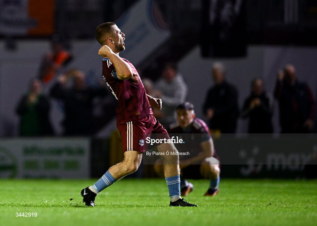 1 May 2026; Aaron Bolger of Galway United celebrates after scoring his side's second goal, deep into second half injury-time, during the SSE Airtricity Men's Premier Division match between Galway United and St Patrick's Athletic at Eamonn Deacy Park in Galway. Photo by Piaras Ó Mídheach/Sportsfile