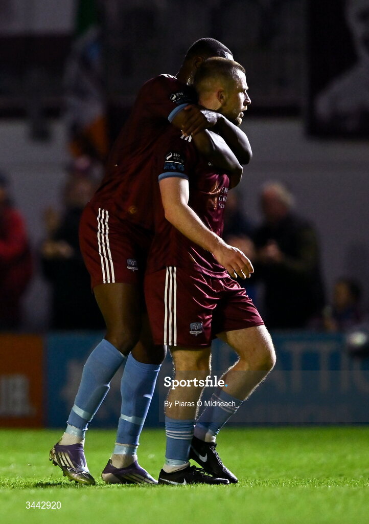 1 May 2026; Aaron Bolger of Galway United, right, celebrates with team-mate Francely Lomboto after scoring his side's second goal, deep into second half injury-time, during the SSE Airtricity Men's Premier Division match between Galway United and St Patrick's Athletic at Eamonn Deacy Park in Galway. Photo by Piaras Ó Mídheach/Sportsfile