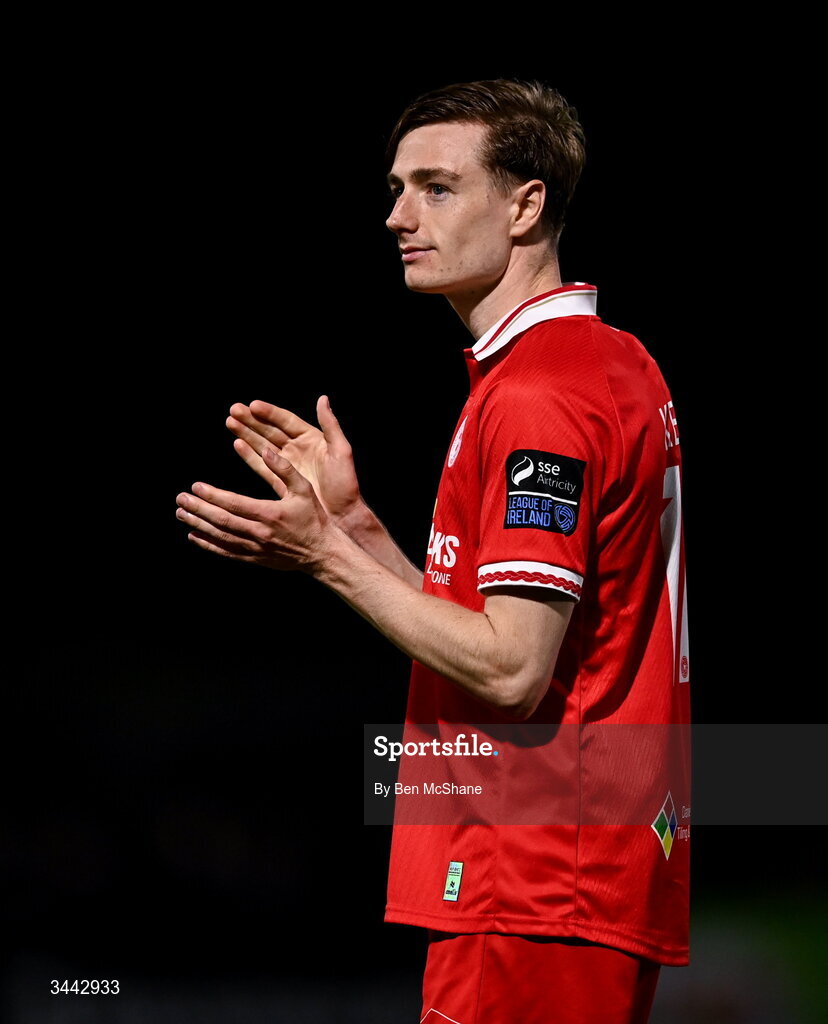 1 May 2026; Daniel Kelly of Shelbourne celebrates after the SSE Airtricity Men's Premier Division match between Dundalk and Shelbourne at Oriel Park in Dundalk, Louth. Photo by Ben McShane/Sportsfile